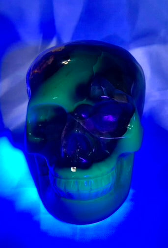 Large Volcano Agate Skull (UV Reactive) 2 - Halloween decor, spooky polished stone sculpture glows in blacklight