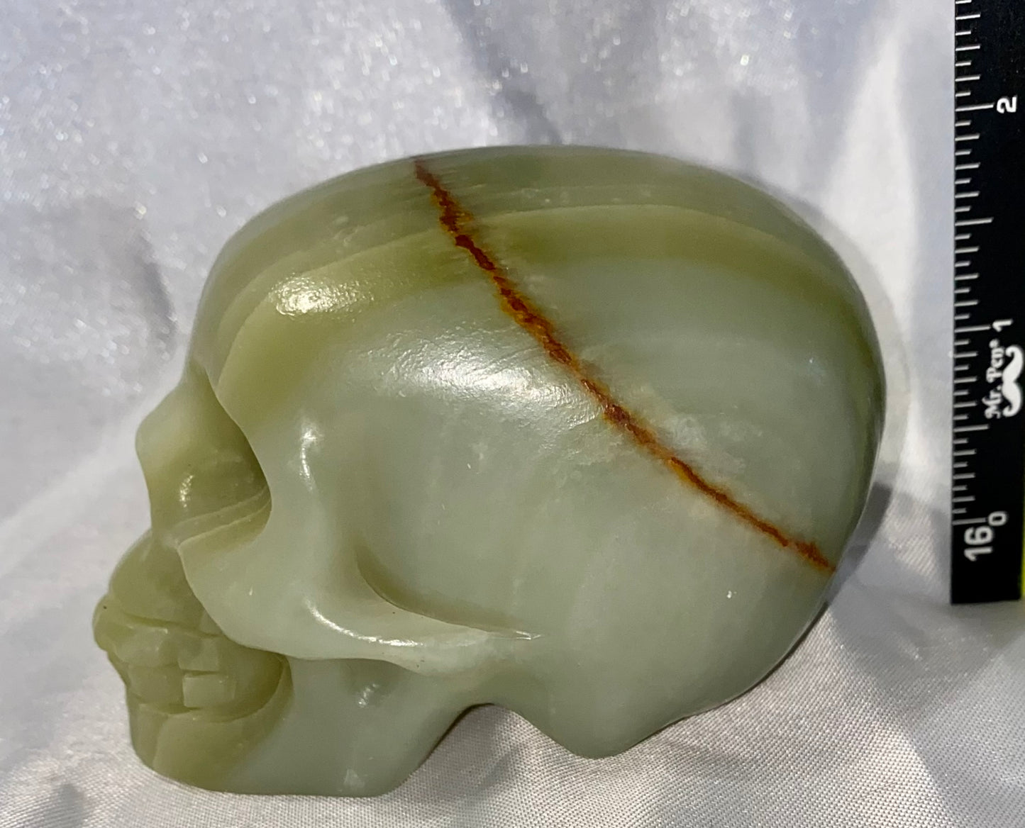 Large Afghanistan Jade (Serpentine) Skull Sculpture 1 - Halloween decor, spooky polished stone statue