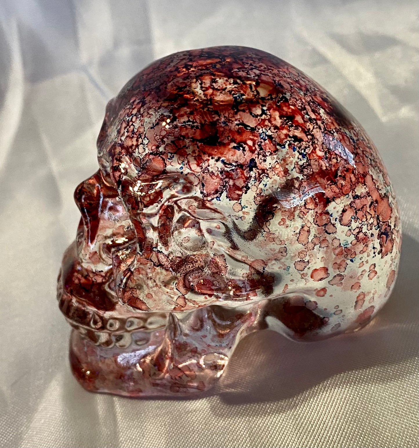 Large Colorful Glass Skull - Halloween decor, spooky polished sculpture