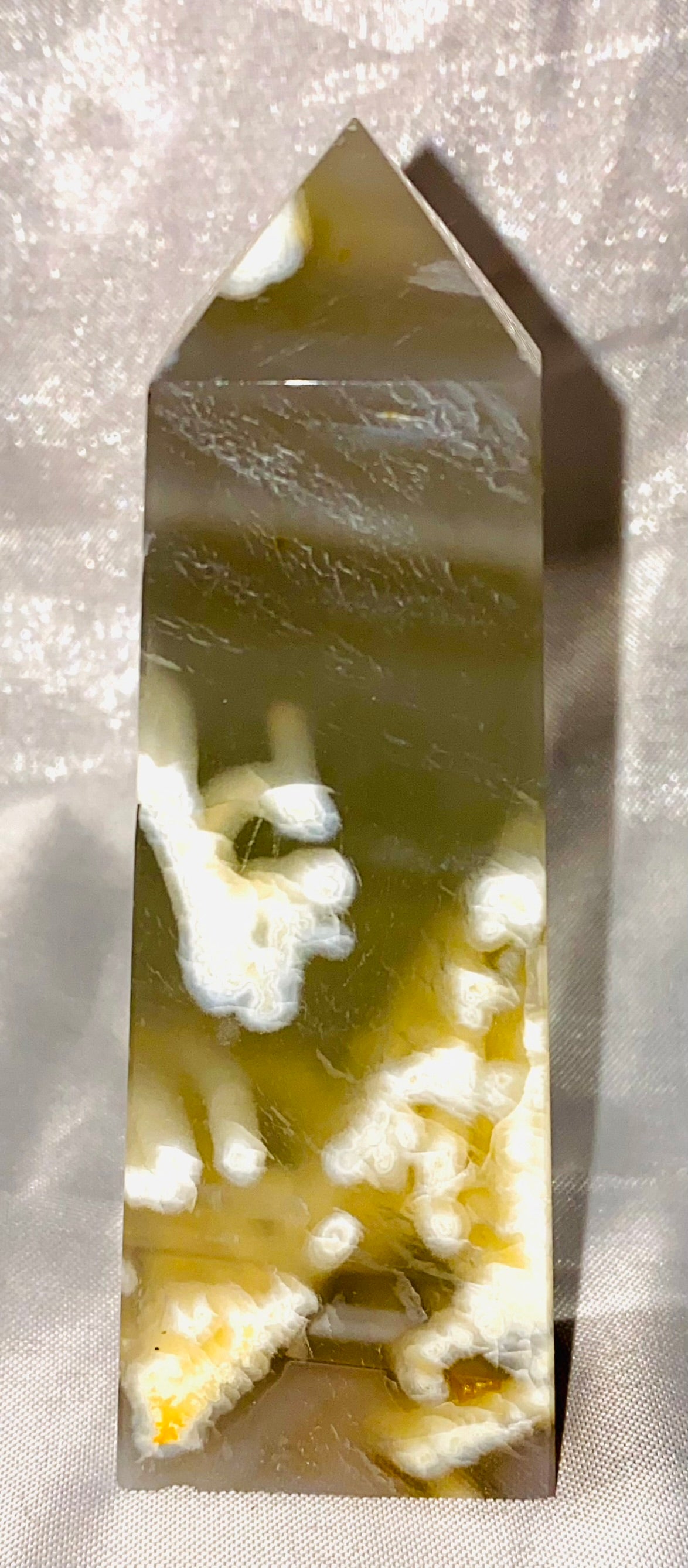 Flower Agate Point l1 - polished gray white stone mini-tower sculpture with tube-like marks