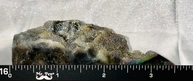 Sphalerite Point with Druzy & Aura (m5) - asymmetric gray white stone sculpture mini-tower with crystalline drusy (druzy) & a multicolored aura coating