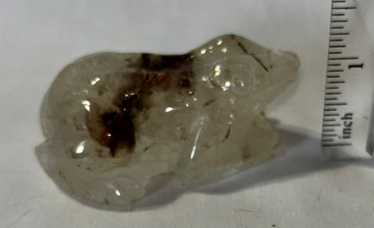 Tourmalated Quartz Frog Figurine - black white clear carved and polished stone crystal figurine sculpture