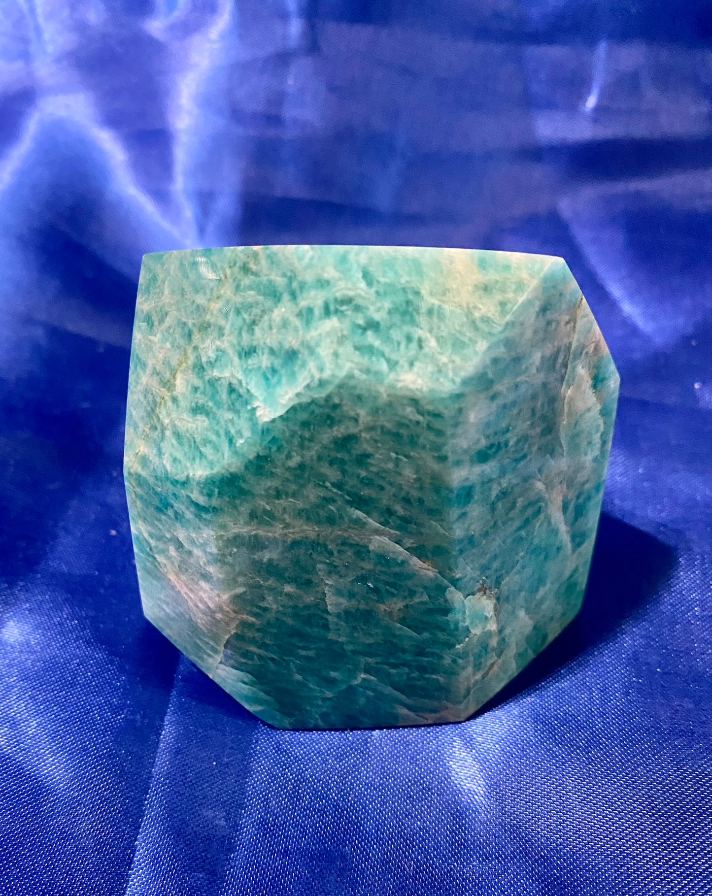 Amazonite Freeform 6 - green white pink polished stone sculpture with flash