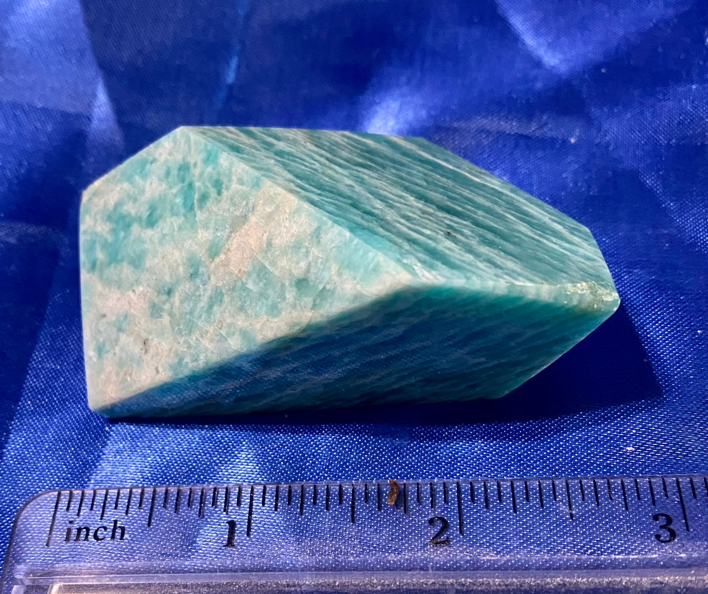 Amazonite Freeform 7 - green white pink polished stone sculpture with flash