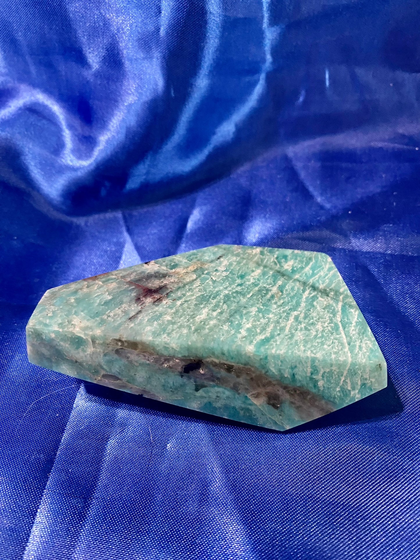 Amazonite Freeform 9 - green white pink polished stone sculpture with flash