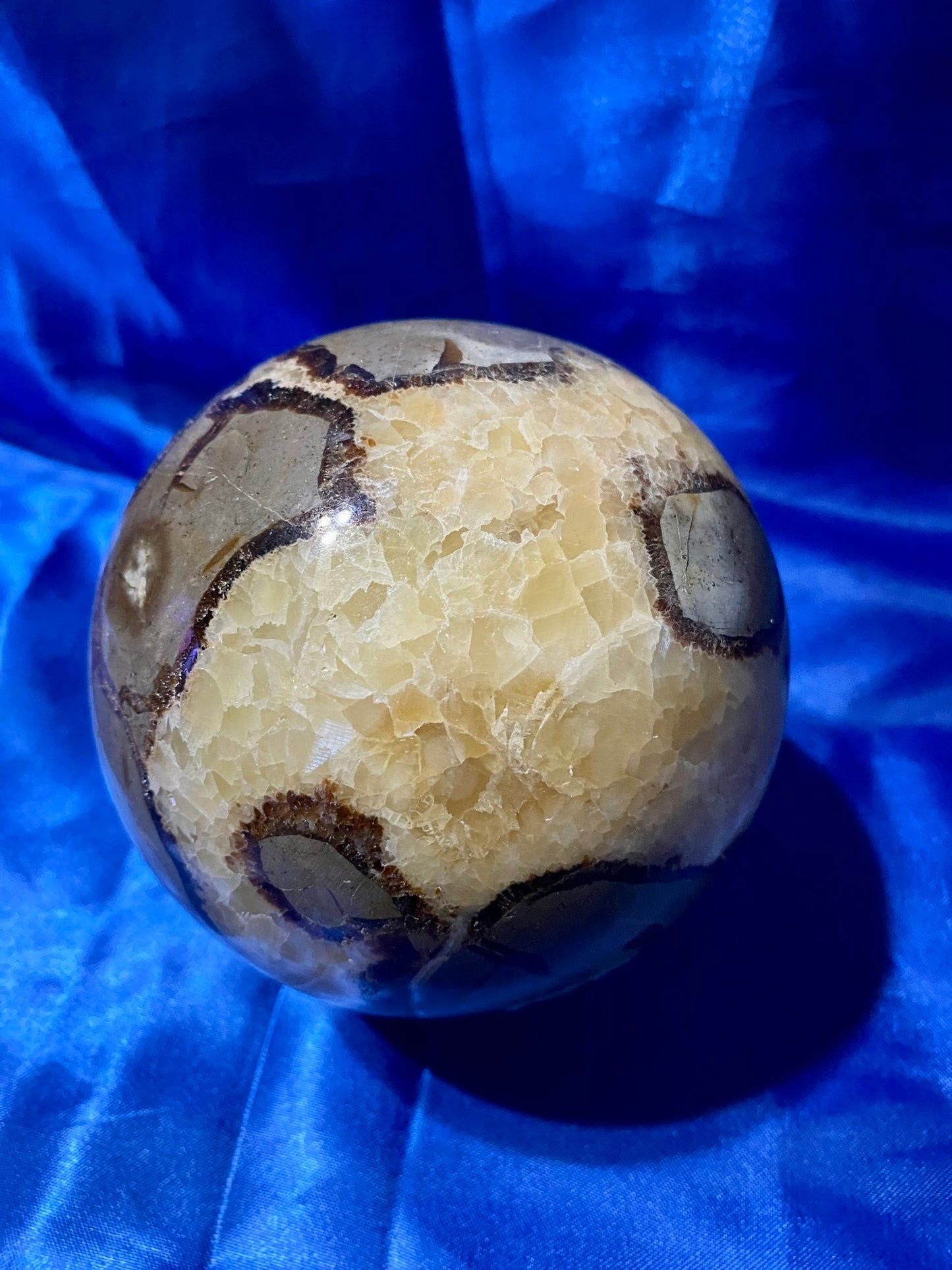 Septarian Sphere l1 - polished, patterned yellow, cream and gray stone sculpture