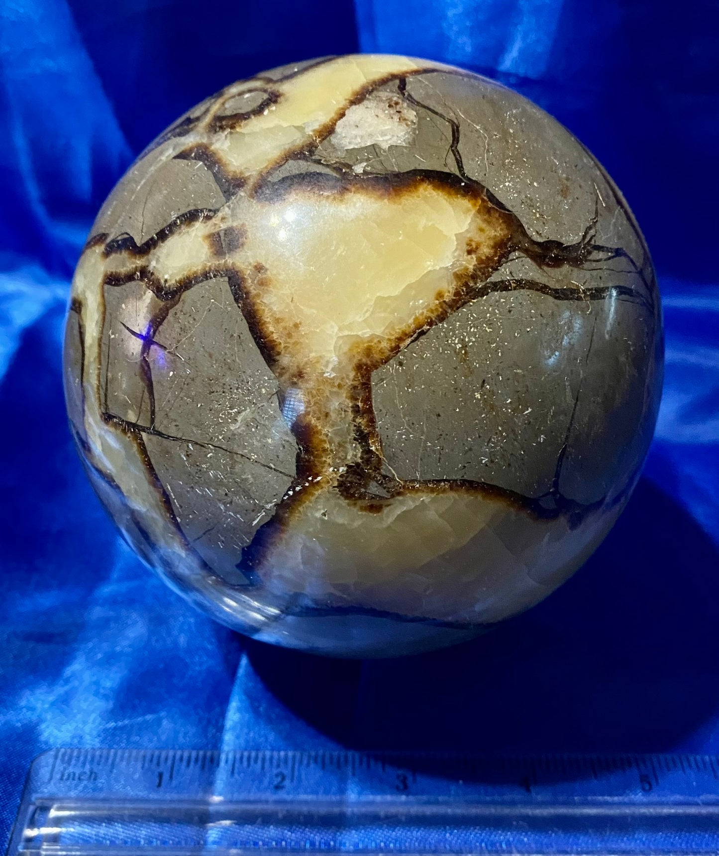 Septarian Sphere l2 - polished, patterned yellow, cream and gray stone sculpture