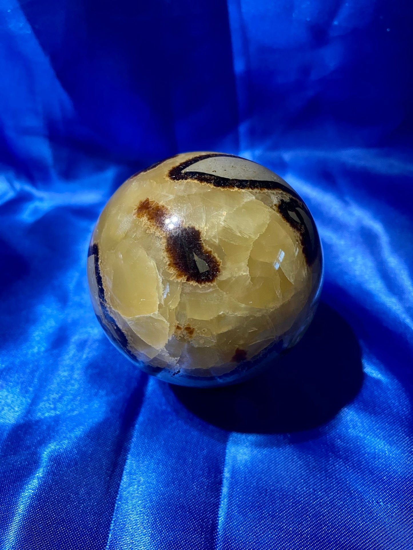 Septarian Sphere s5,6 - polished, patterned yellow, cream and gray stone sculpture