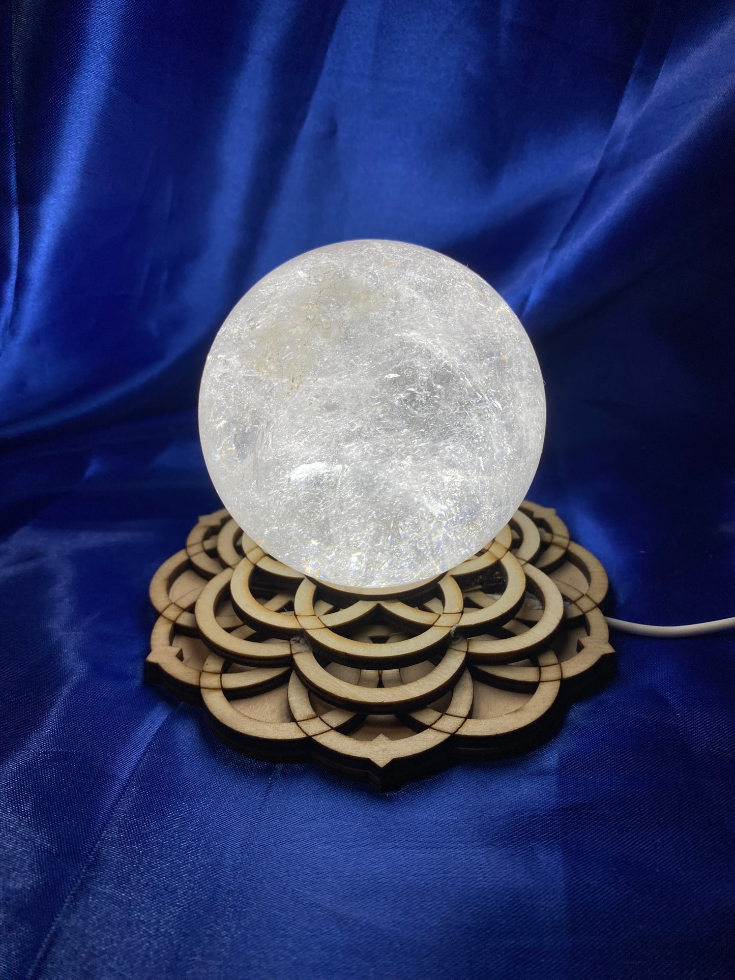 Large Lighted Sphere or Tower Display Stand, Overlapping-Circle Flower - 4 level etched wood with White LED lights