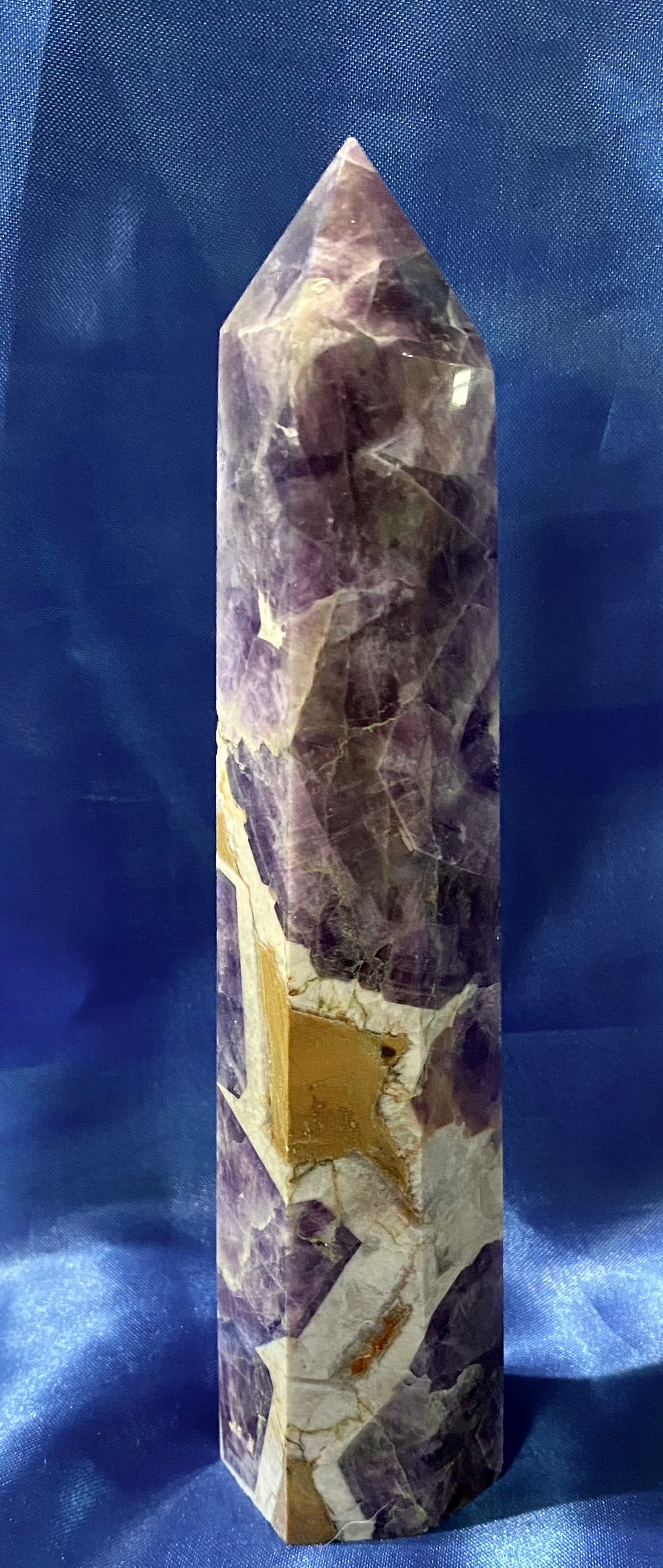 Dream Amethyst Tower (AKA Chevon or Spirit Amethyst) - purple, white & gold polished stone sculpture