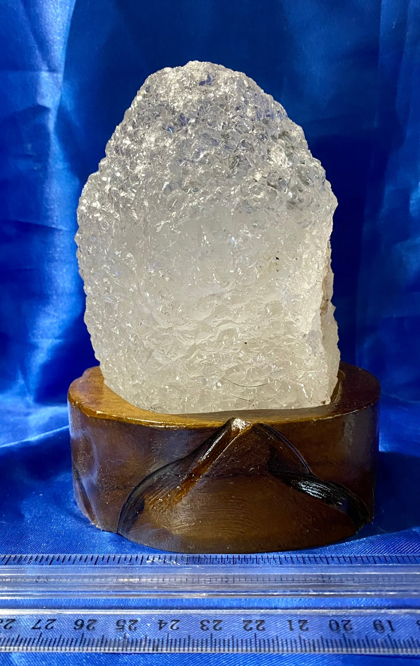 Clear Quartz Freeform with Custom-Carved Wooden Stand - AKA Rock Candy Quartz Sculpture