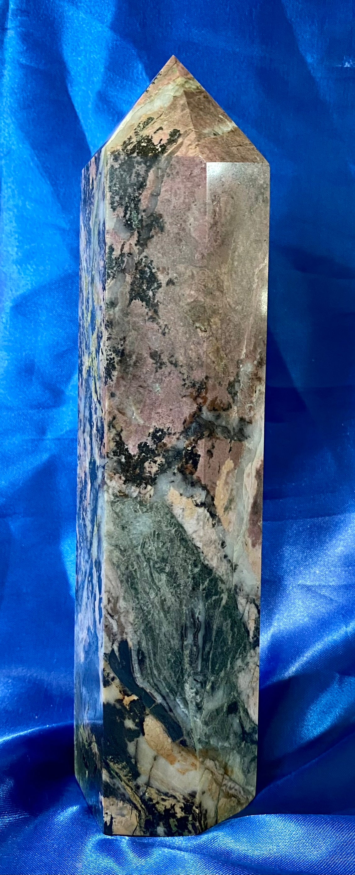 Rhodonite Tower L2 - Polished pink, black, white stone of love & compassion sculpture