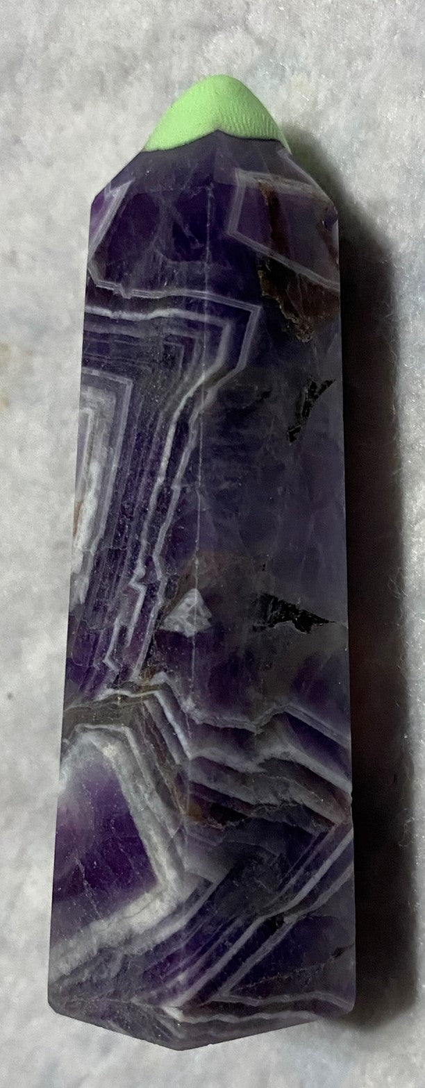 Chevron Amethyst Point 2s - purple white polished stone mini-tower sculpture