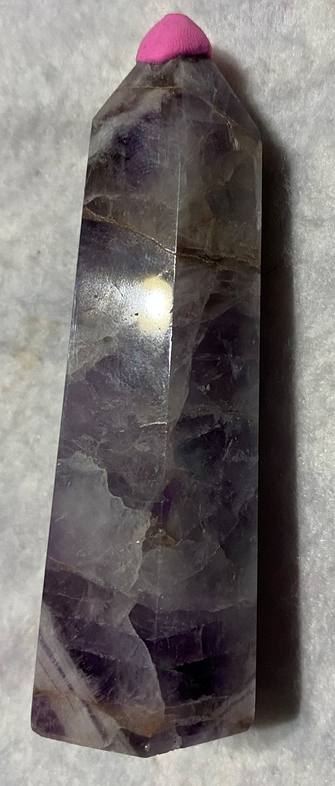 Chevron Amethyst Point 3s - purple white polished stone mini-tower sculpture