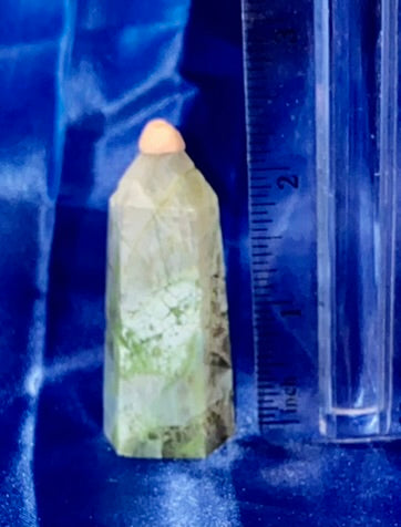 Green Moonstone Point 1 - polished green white flash stone mini-tower sculpture