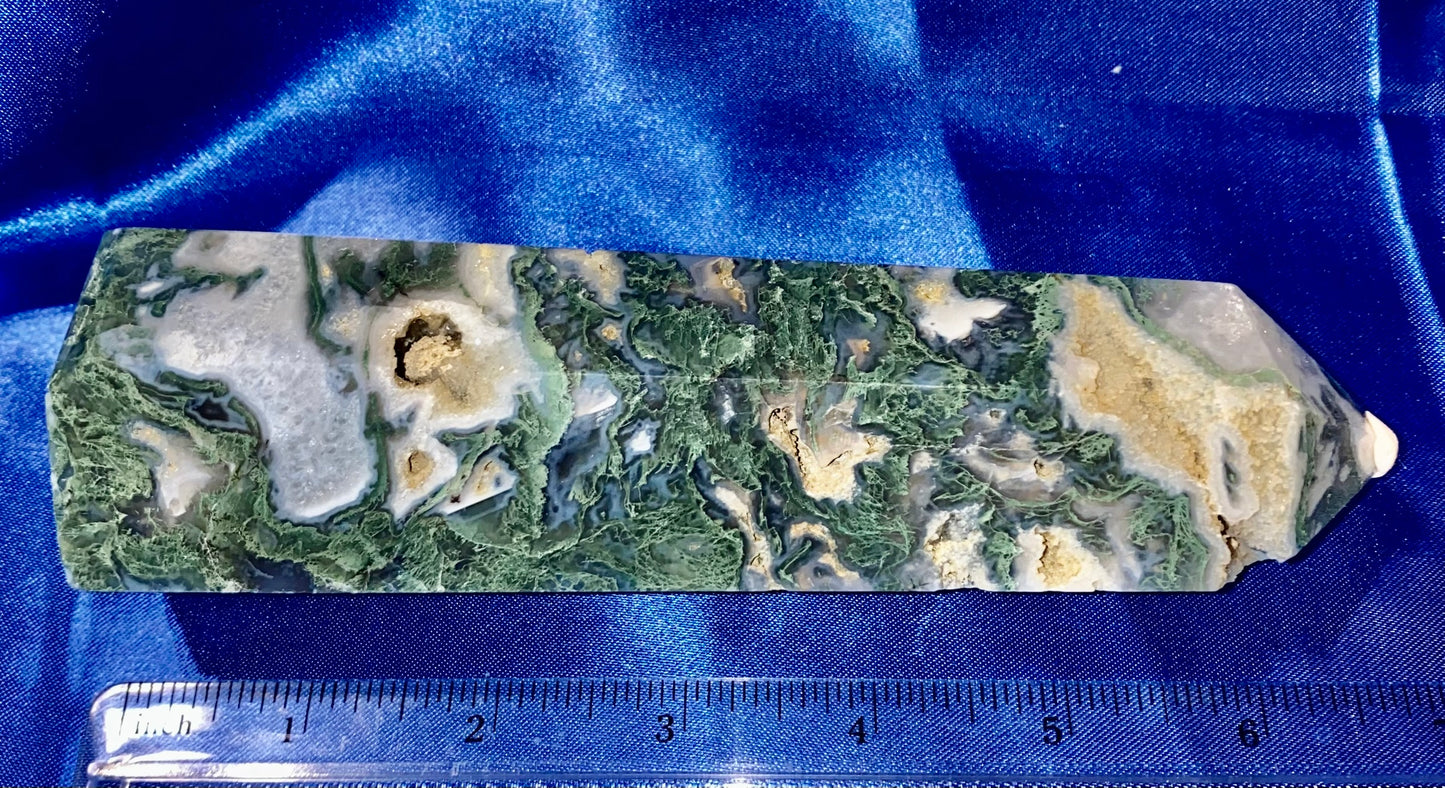 Moss Agate Tower with Druzy 2- green & white polished stone sculpture obelisk