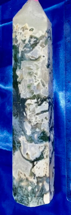 Moss Agate Tower - large green & white polished stone sculpture obelisk