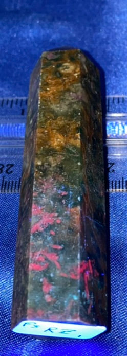 Mineral-Ruby in Zoisite Point 1s (UV Reactive) - polished pink green black stone mini-tower sculpture glows in blacklight
