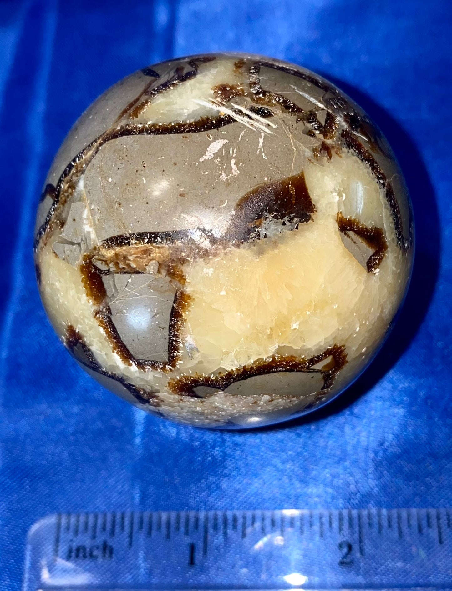 Septarian Sphere s2 - polished, patterned yellow, cream and gray stone sculpture