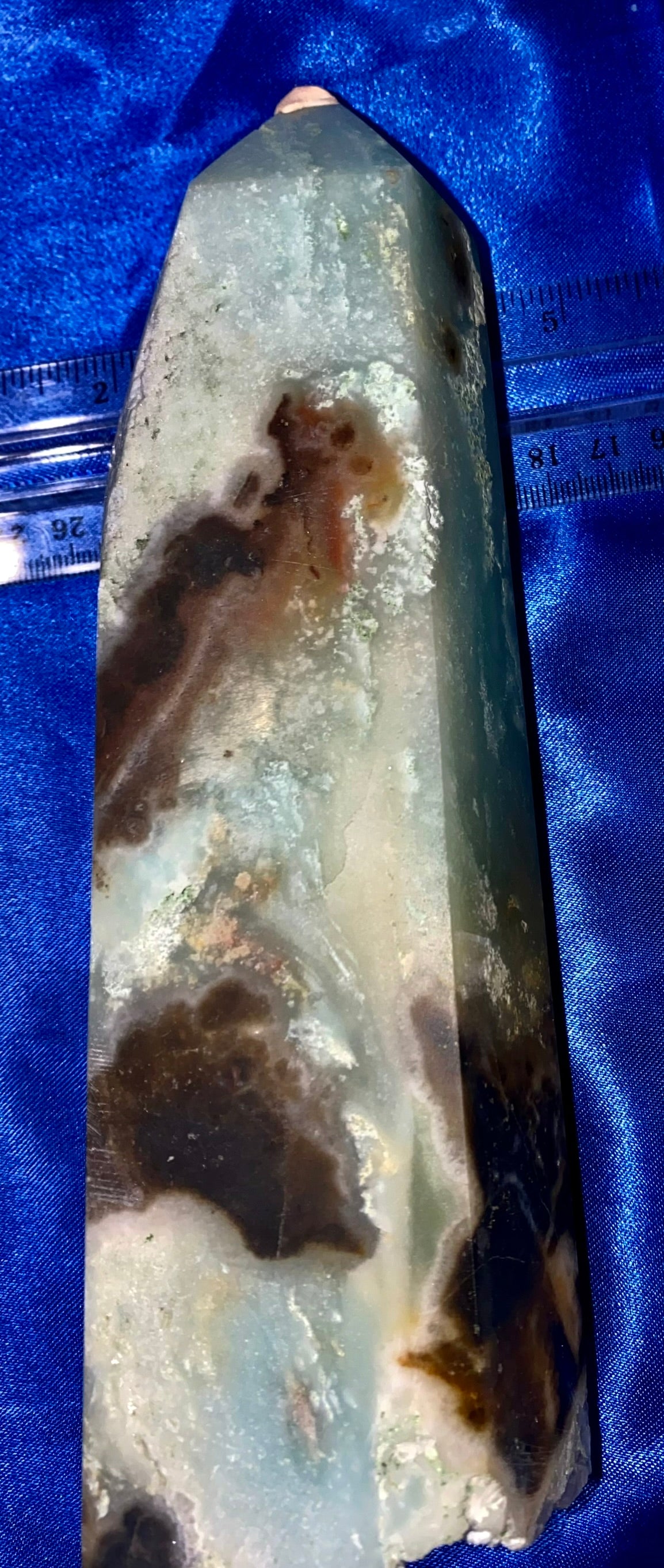 Caribbean Blue Calcite Tower m1 - polished blue-green stone sculpture