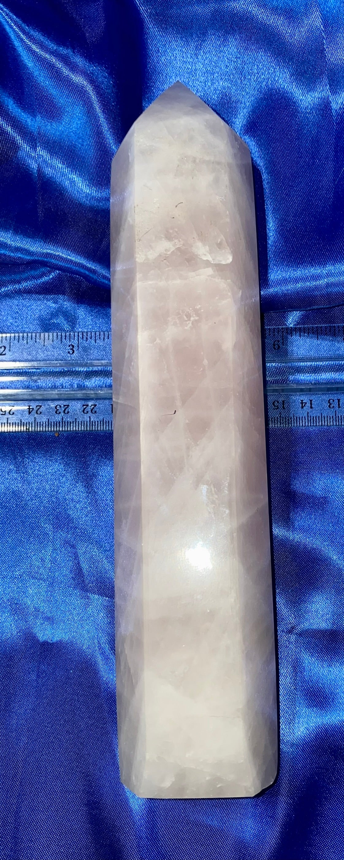 Pink Quartz Tower with Aura - large clear & pink rose polished stone sculpture obelisk with multicolored sheen