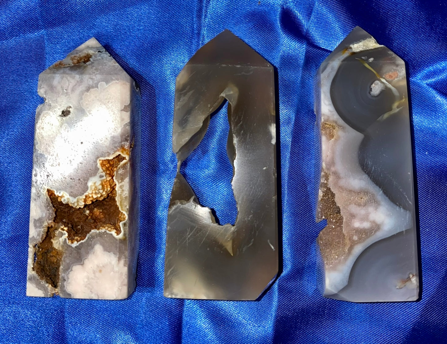 Pink Flower Agate Point m1-3 - polished pink gray white stone mini-tower sculpture with druzy drusy