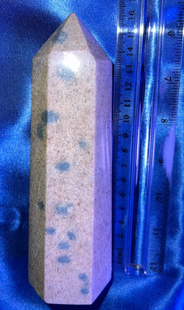 K2 Tower m1 - polished mottled pink blue stone mini-tower sculpture