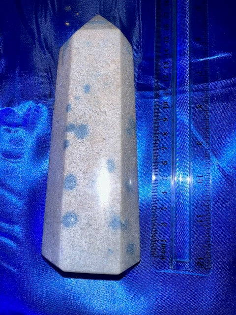 K2 Tower m2 - polished mottled pink blue stone mini-tower sculpture