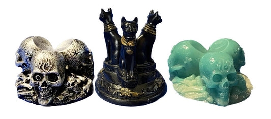 Resin Sculpture Sphere Holder Display Stand - Triple Skull, Bast Cats, or Glow-in-the-Dark Triple Skull - Halloween decor, spooky