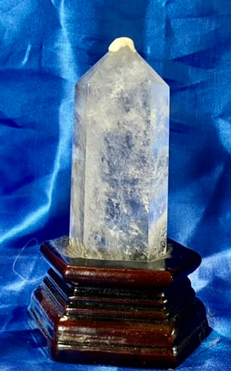 Clear Quartz Tower with Custom-carved Wooden Stand s1 - clear white polished stone sculpture