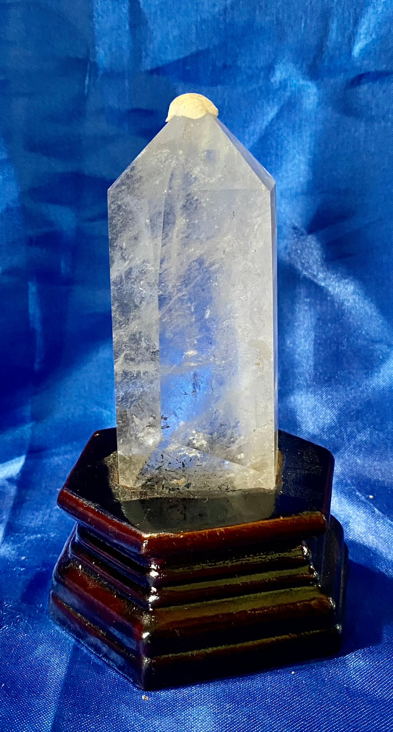 Clear Quartz Tower with Custom-carved Wooden Stand s1 - clear white polished stone sculpture