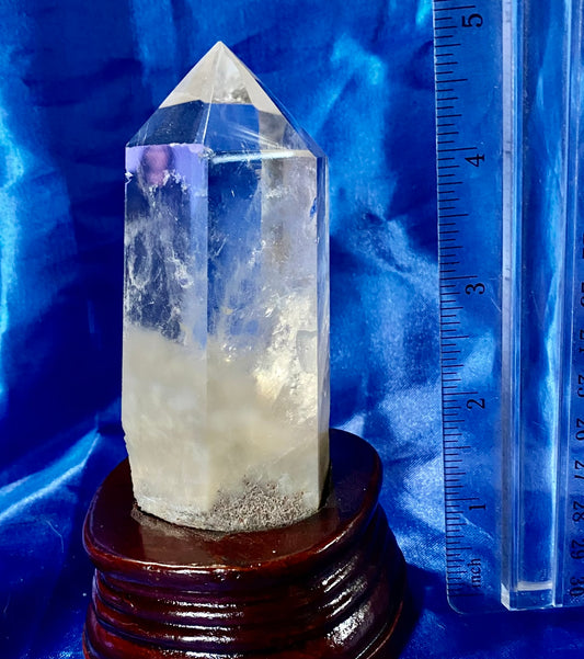 Clear Quartz Tower with Custom-carved Wooden Stand s7