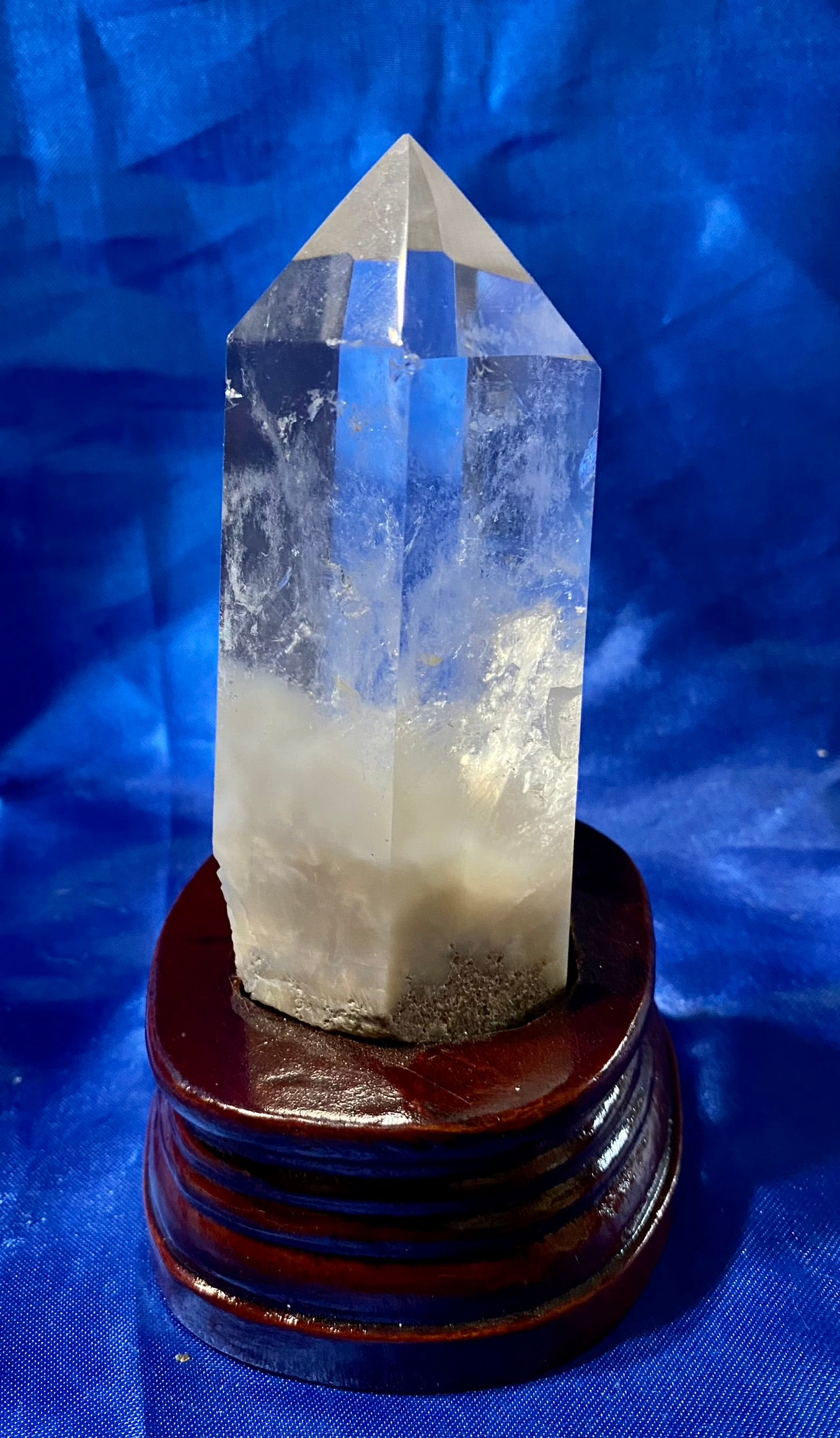 Clear Quartz Tower with Custom-carved Wooden Stand s7