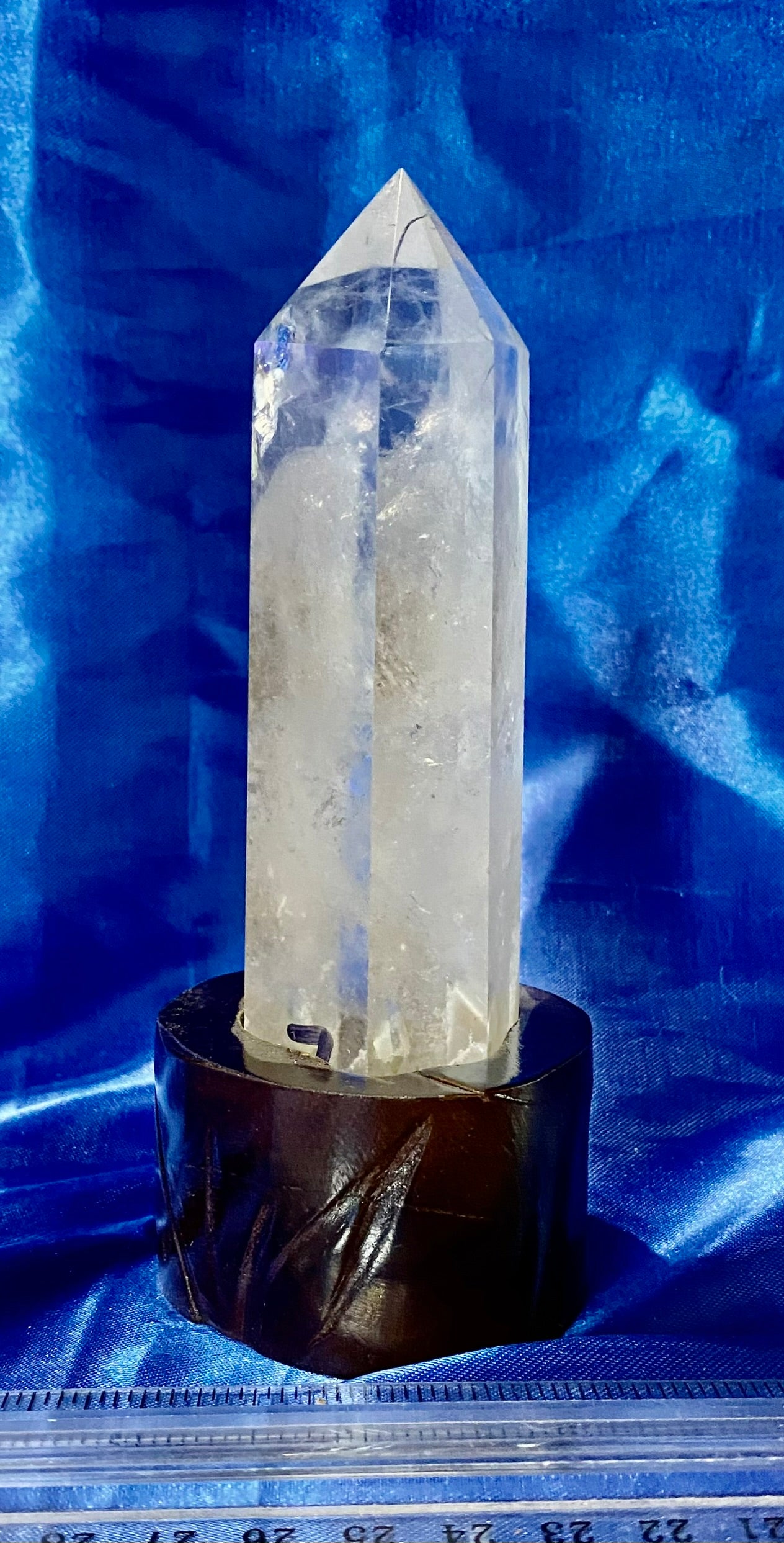 Clear Quartz Tower with Custom-carved Wooden Stand s2