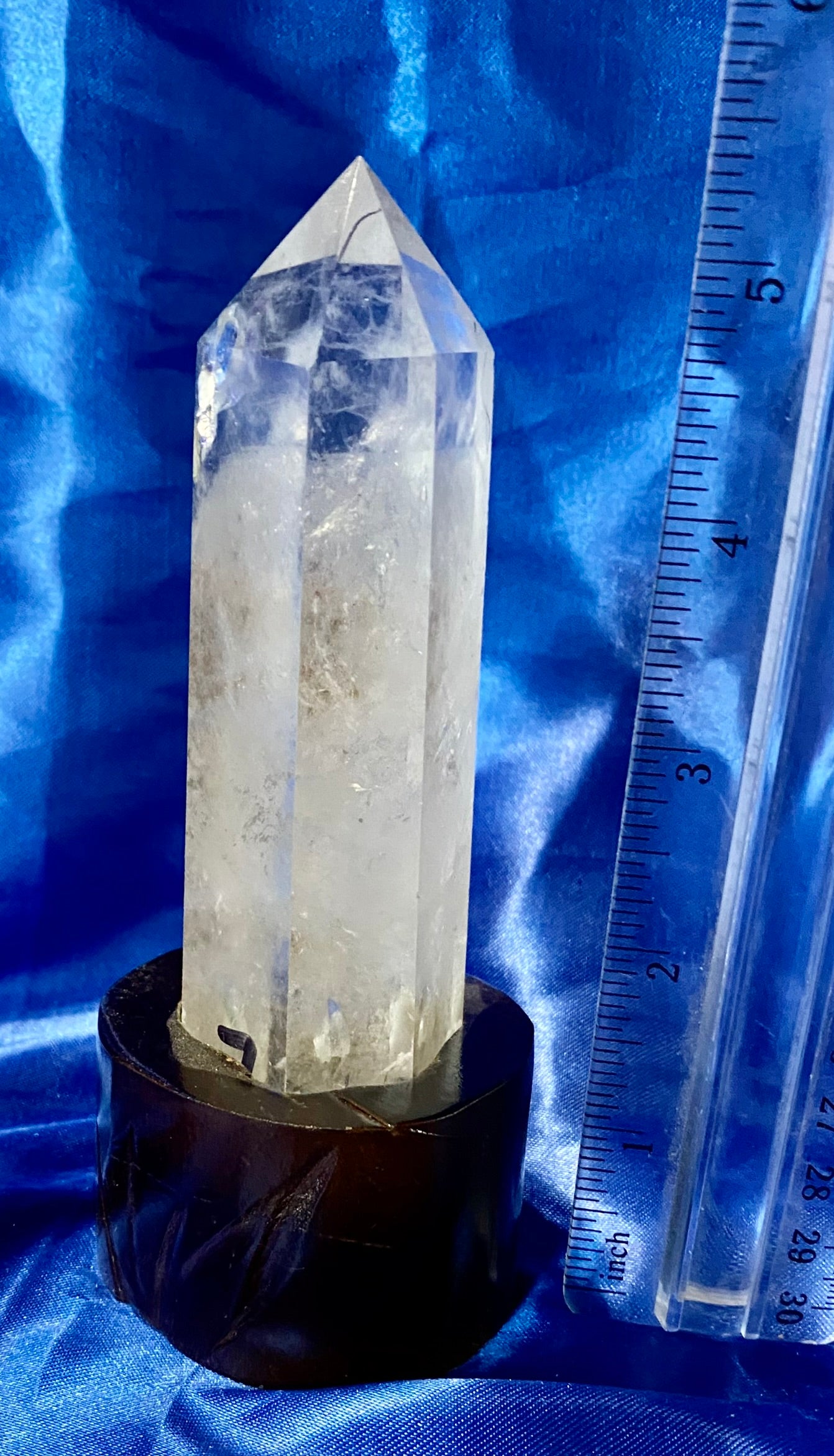 Clear Quartz Tower with Custom-carved Wooden Stand s2