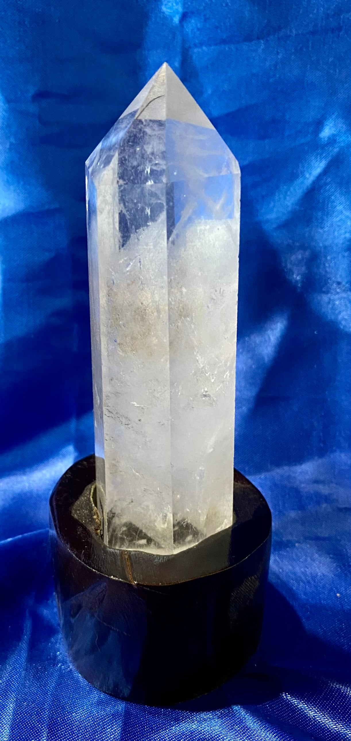 Clear Quartz Tower with Custom-carved Wooden Stand s2