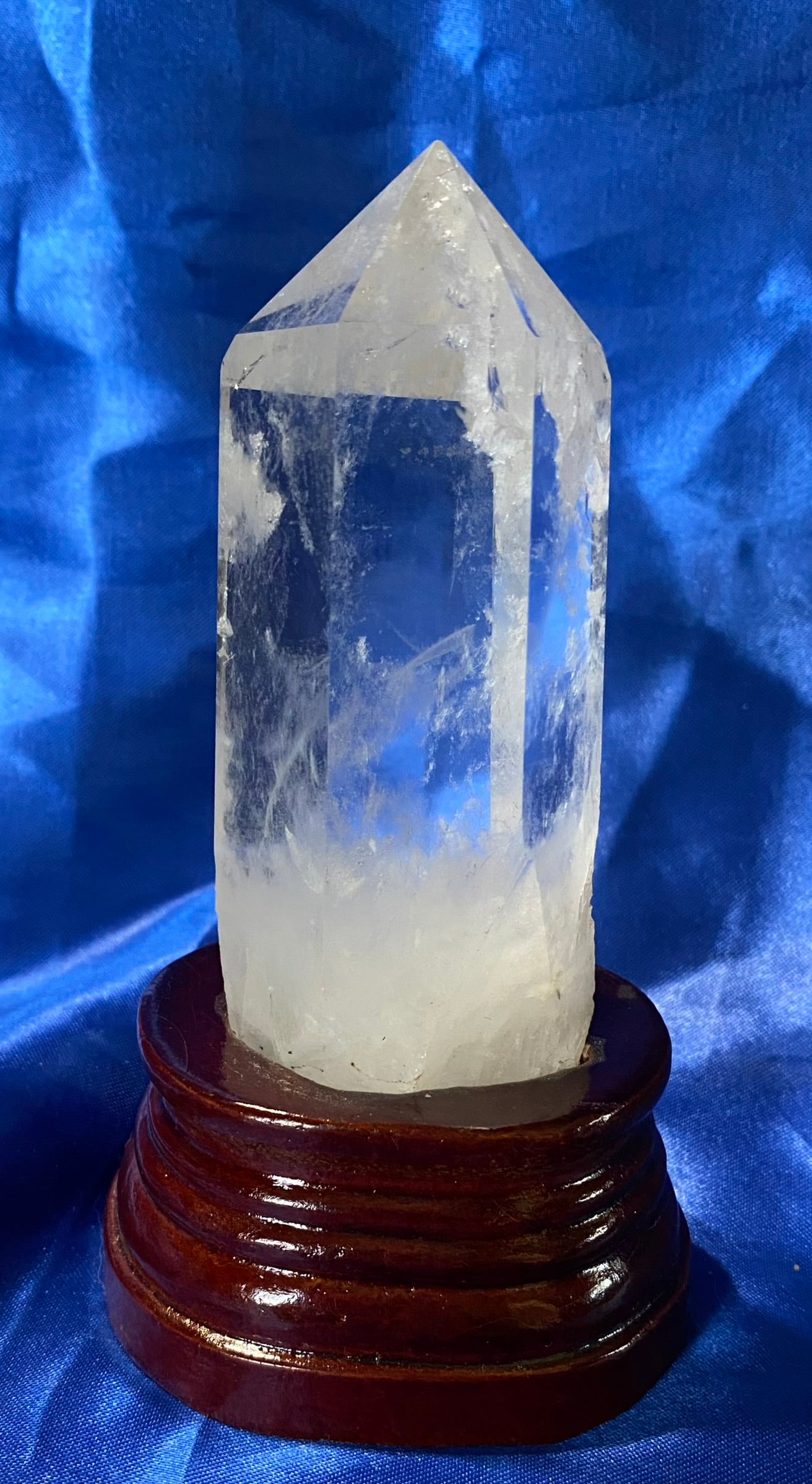 Clear Quartz Tower with Custom-carved Wooden Stand s3