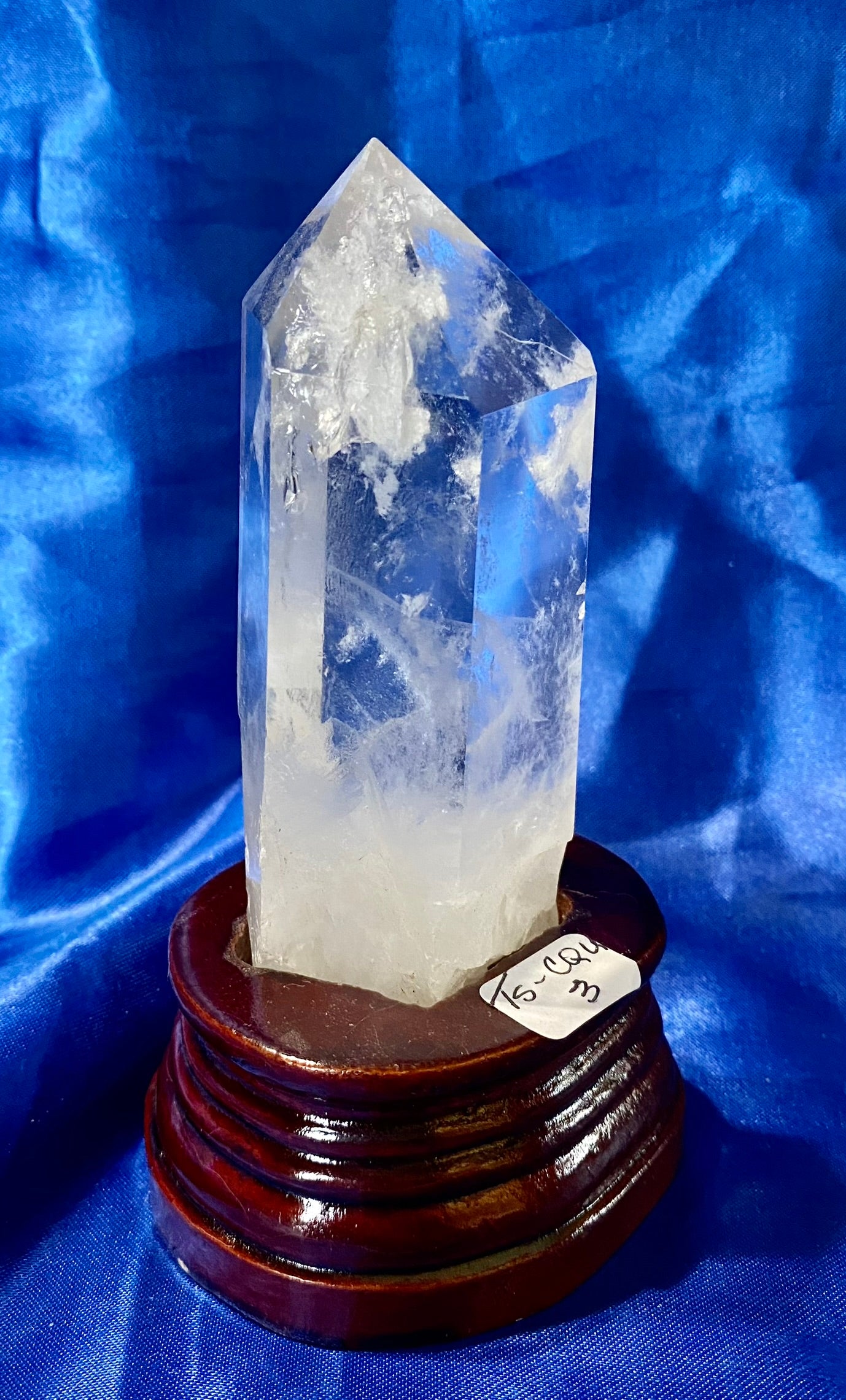 Clear Quartz Tower with Custom-carved Wooden Stand s3