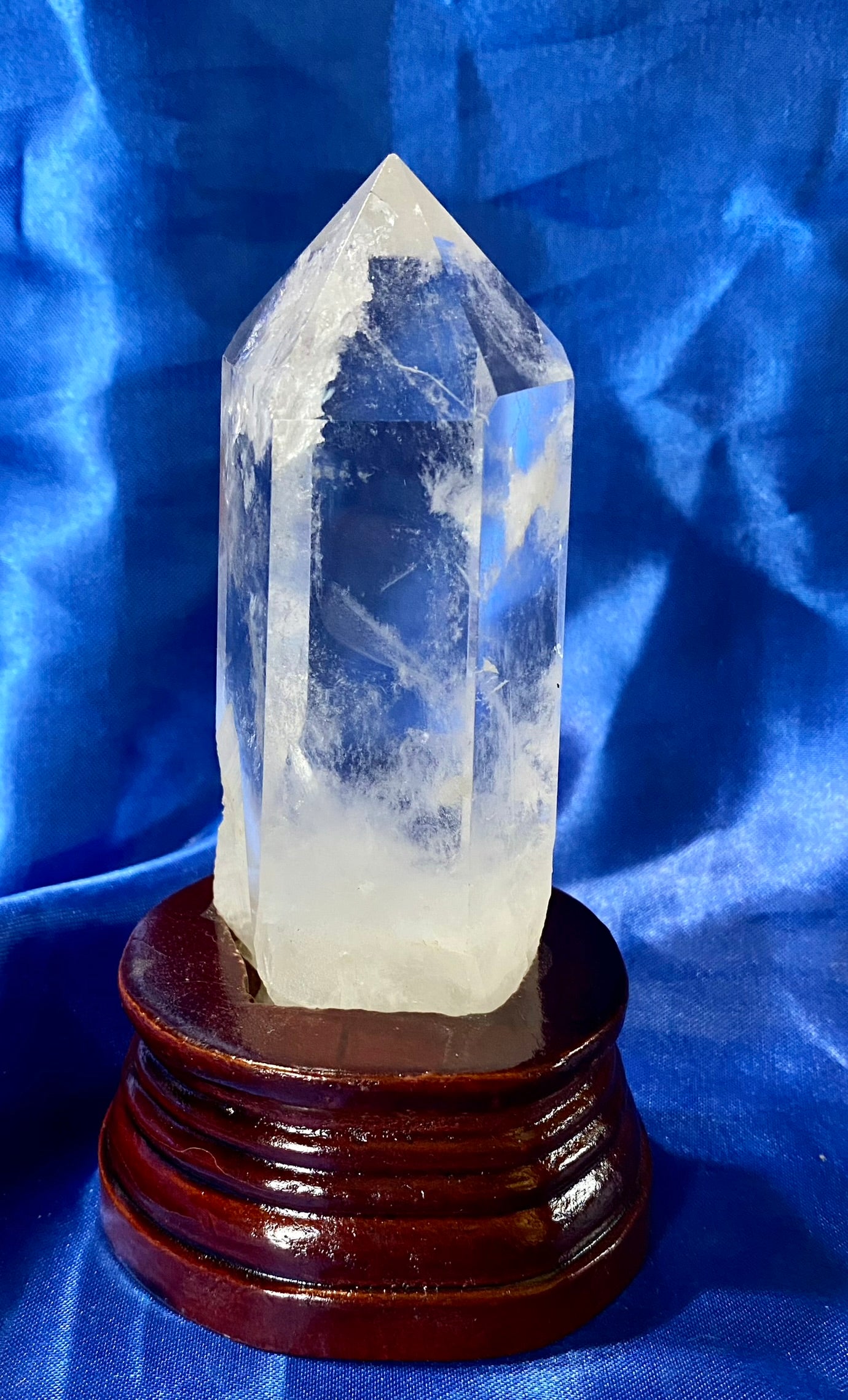 Clear Quartz Tower with Custom-carved Wooden Stand s3