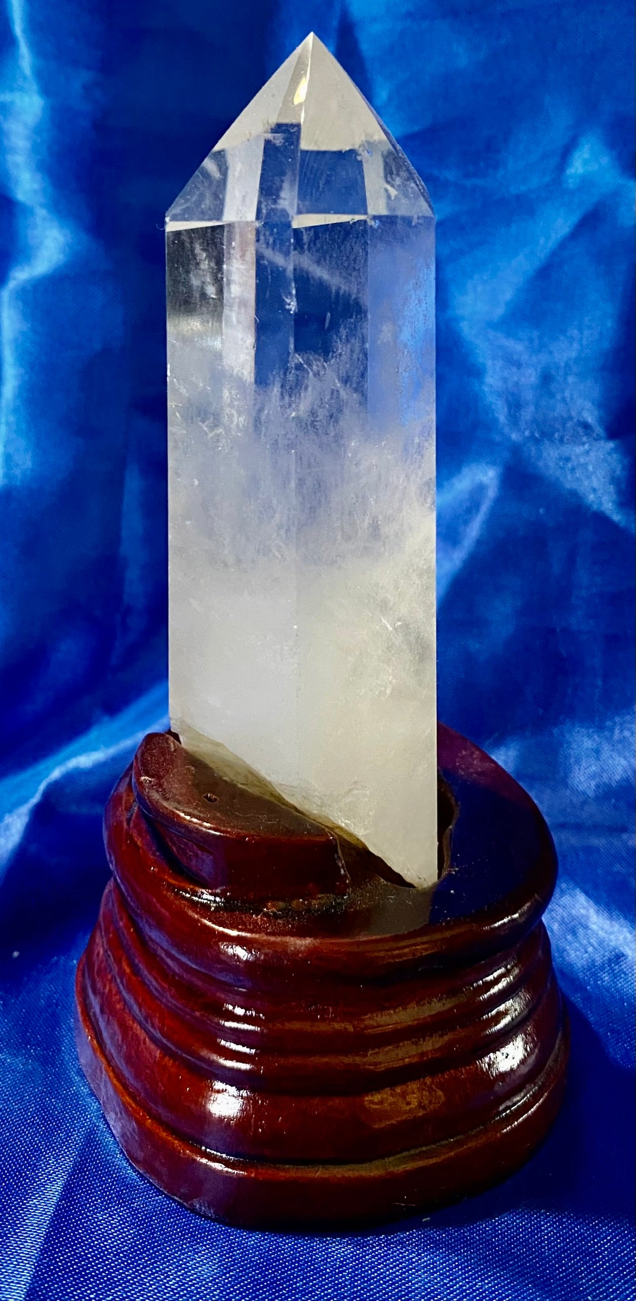 Clear Quartz Tower with Custom-carved Wooden Stand s6