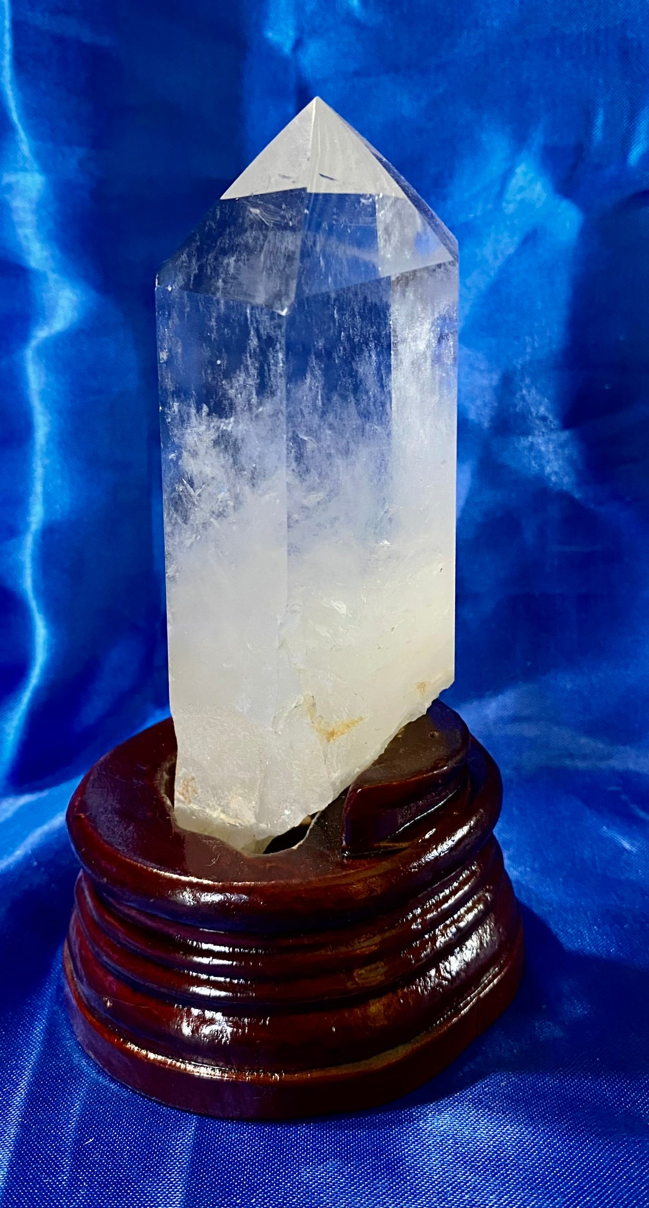 Clear Quartz Tower with Custom-carved Wooden Stand s6