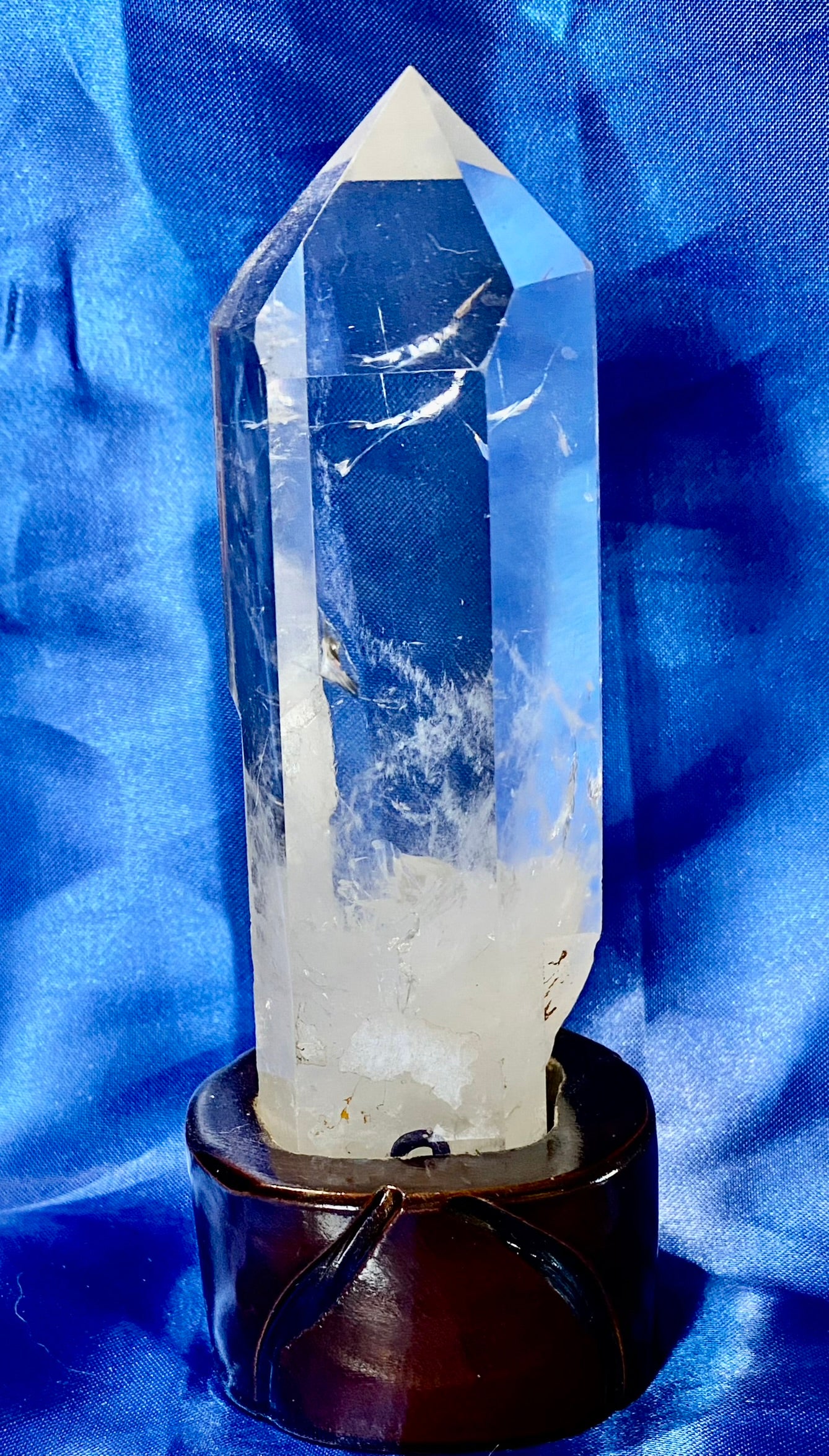 Clear Quartz Tower with Custom-carved Wooden Stand s4