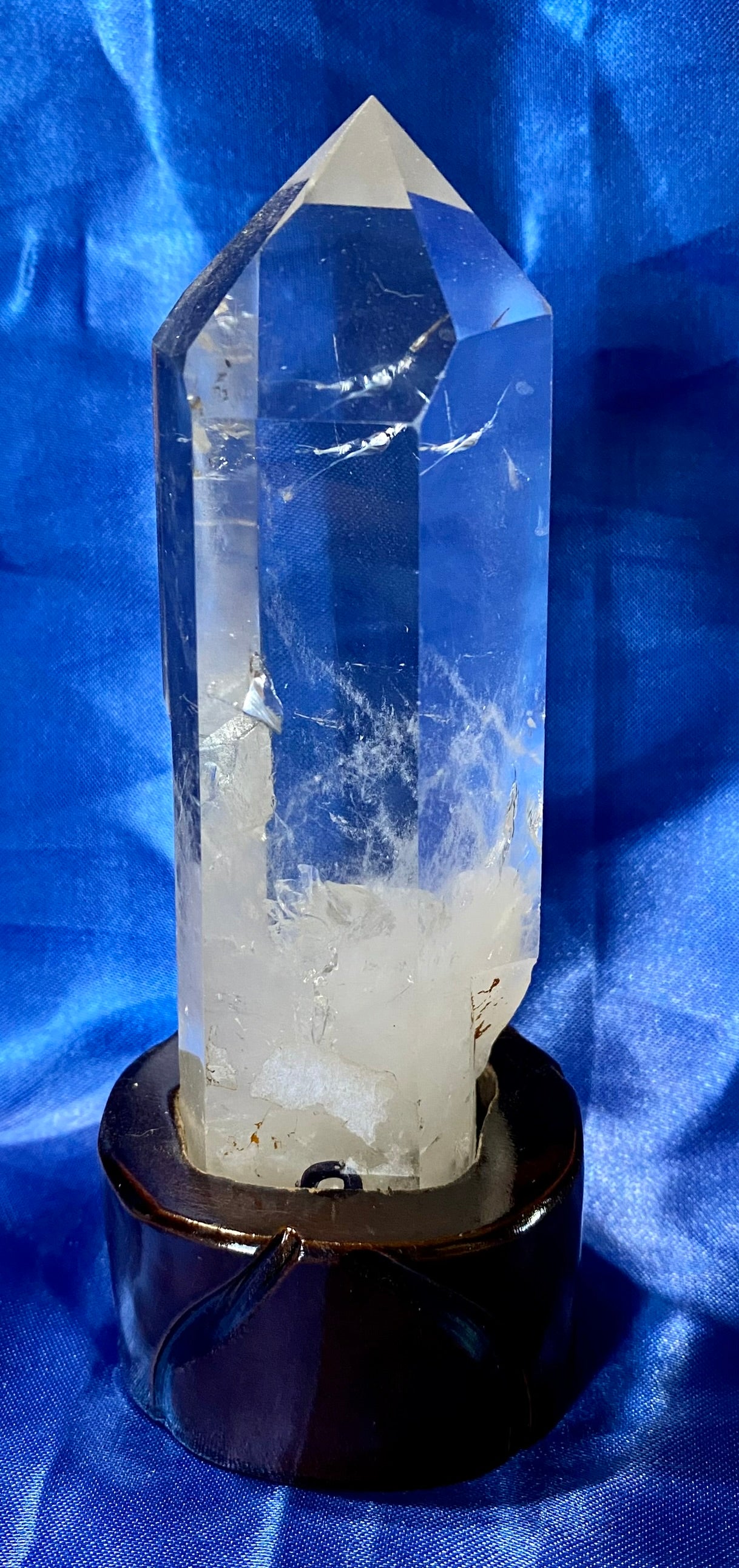 Clear Quartz Tower with Custom-carved Wooden Stand s4