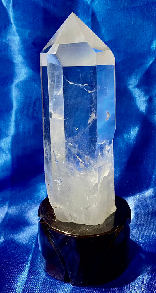 Clear Quartz Tower with Custom-carved Wooden Stand s4