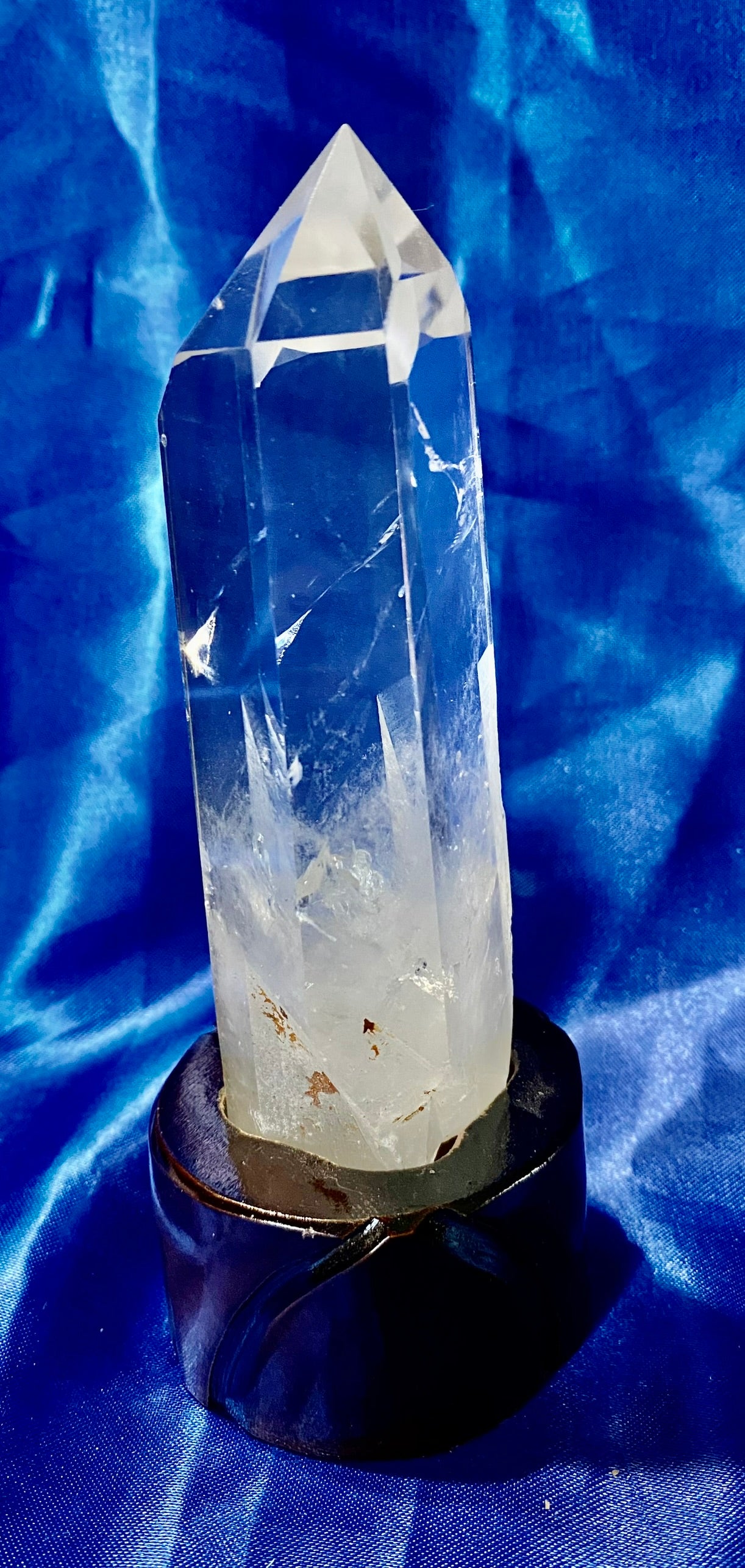 Clear Quartz Tower with Custom-carved Wooden Stand s4