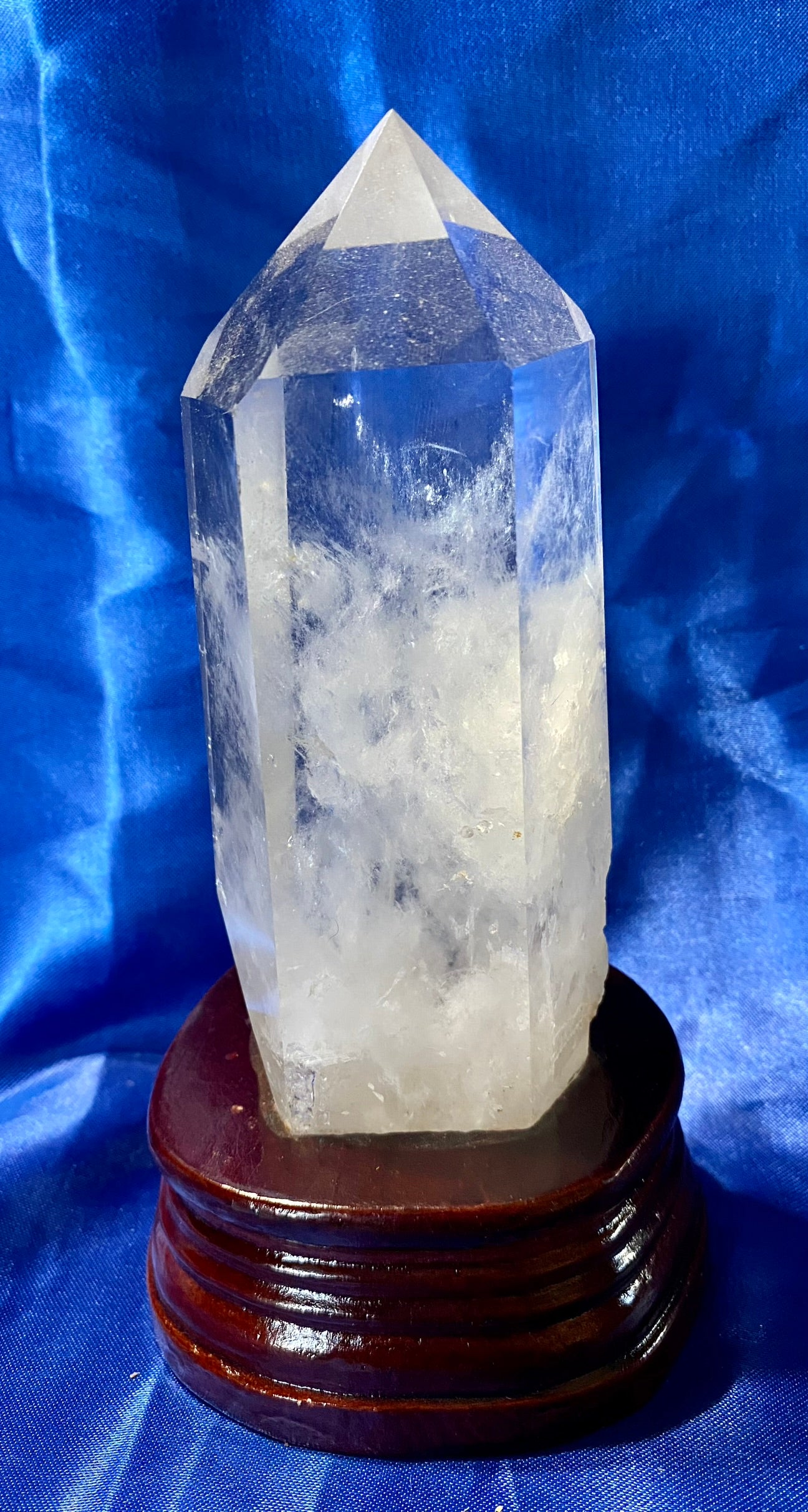 Clear Quartz Tower with Custom-carved Wooden Stand m4