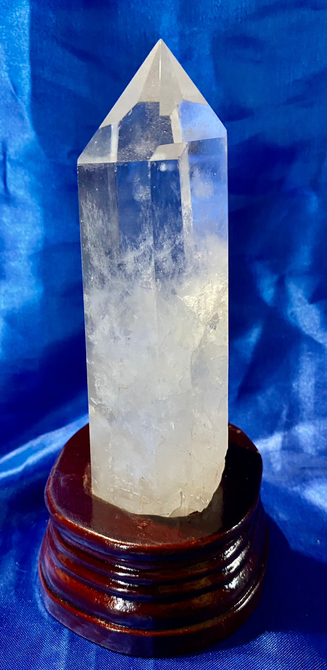 Clear Quartz Tower with Custom-carved Wooden Stand m4