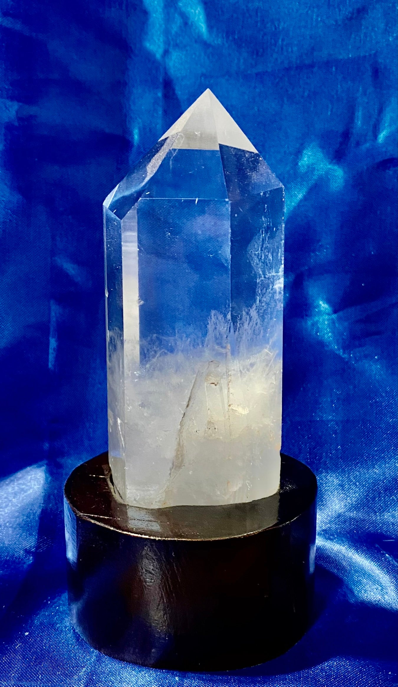 Clear Quartz Tower with Custom-carved Wooden Stand s5