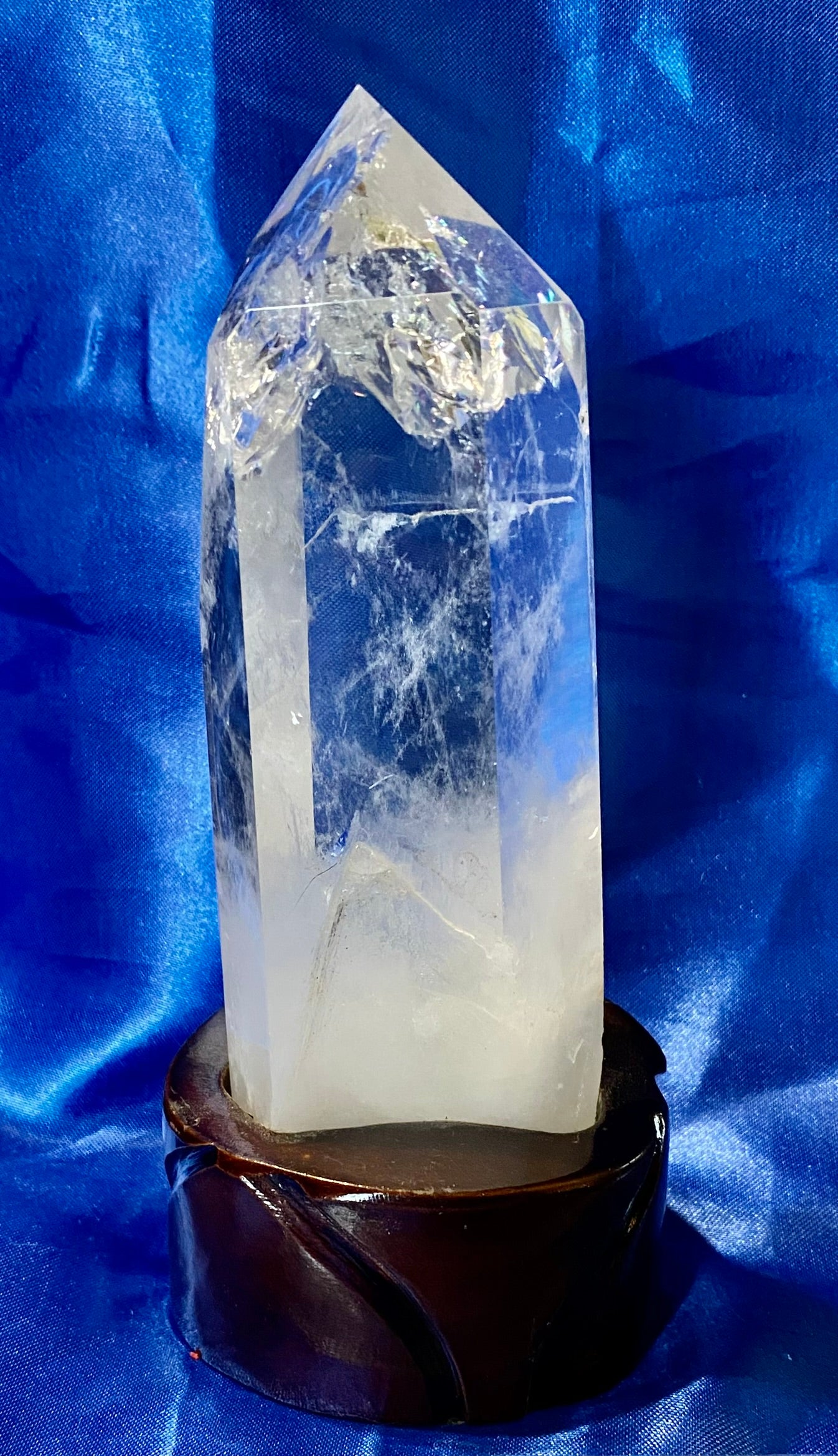 Clear Quartz Tower with Custom-carved Wooden Stand m2