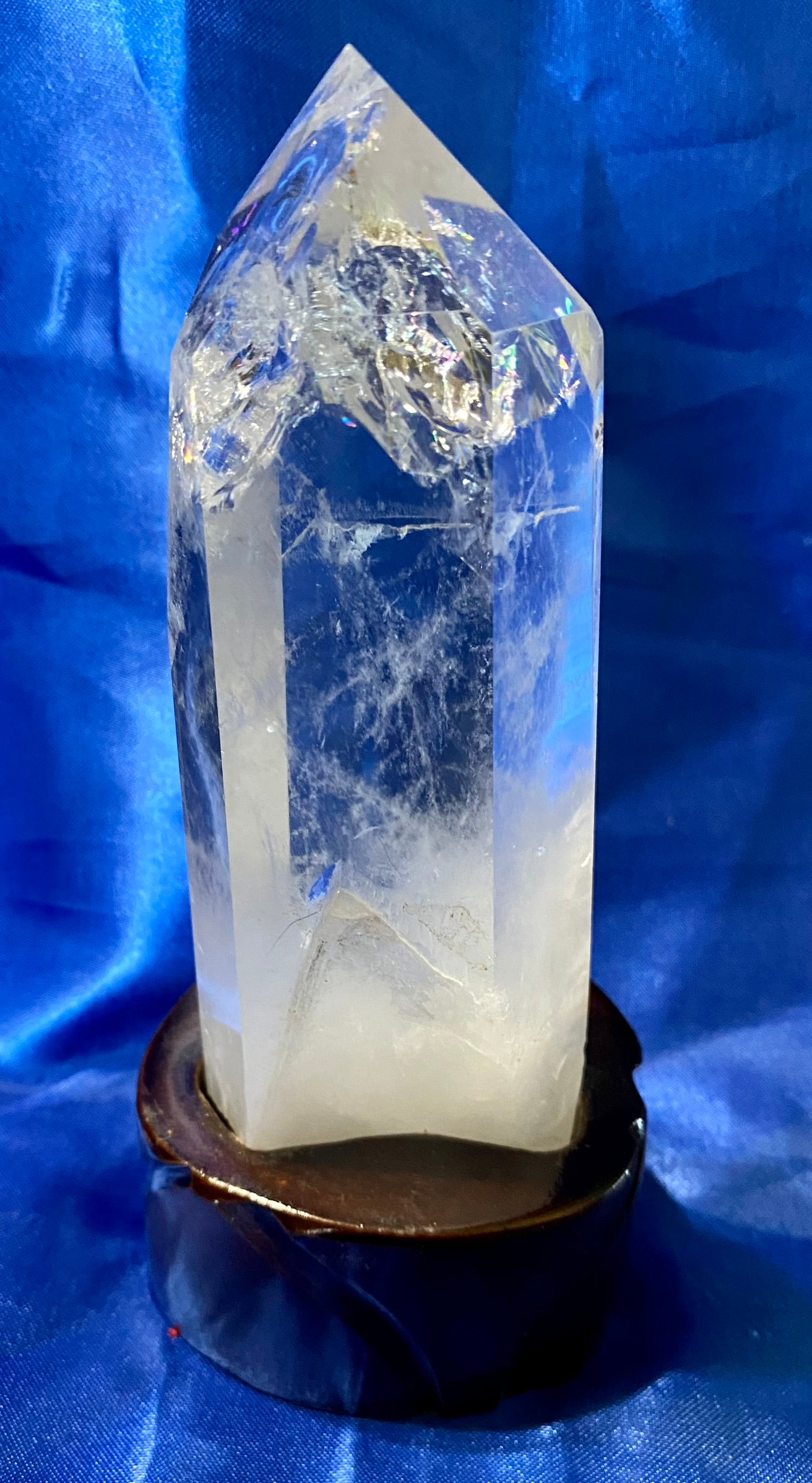 Clear Quartz Tower with Custom-carved Wooden Stand m2